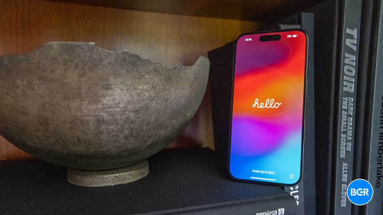 iPhone 15 Pro on a shelf.