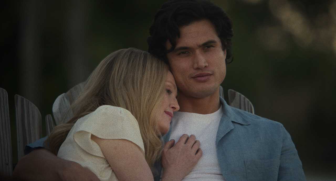 Julianne Moore as Gracie Atherton-Yoo and Charles Melton as Joe Yoo in "May December."