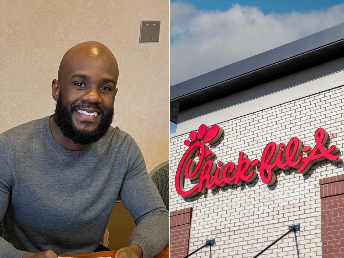 Tyler Hendon headshot (left) and Chick-fil-A restaurant exterior with its company sign (right)