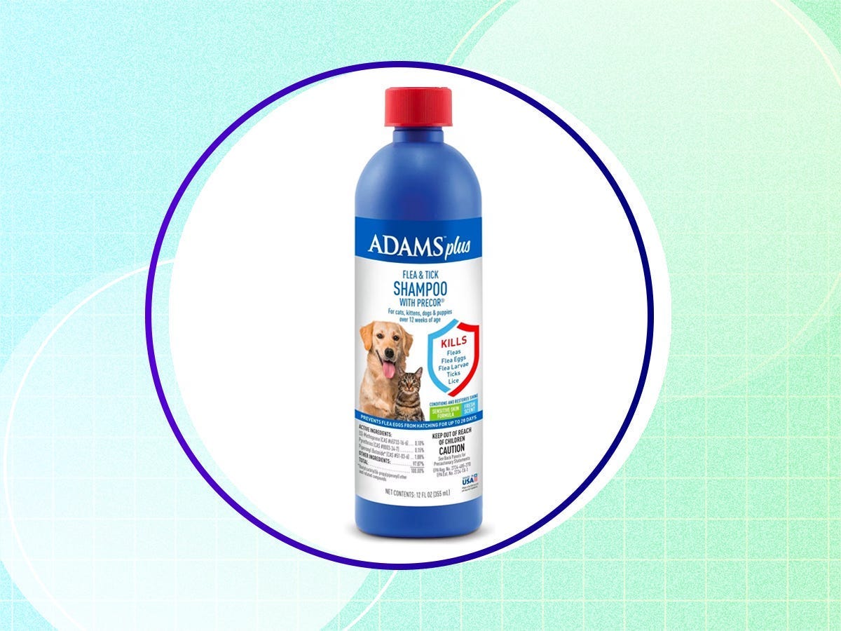 Adams Plus Flea and Tick Shampoo with Precor on a light green and blue background.