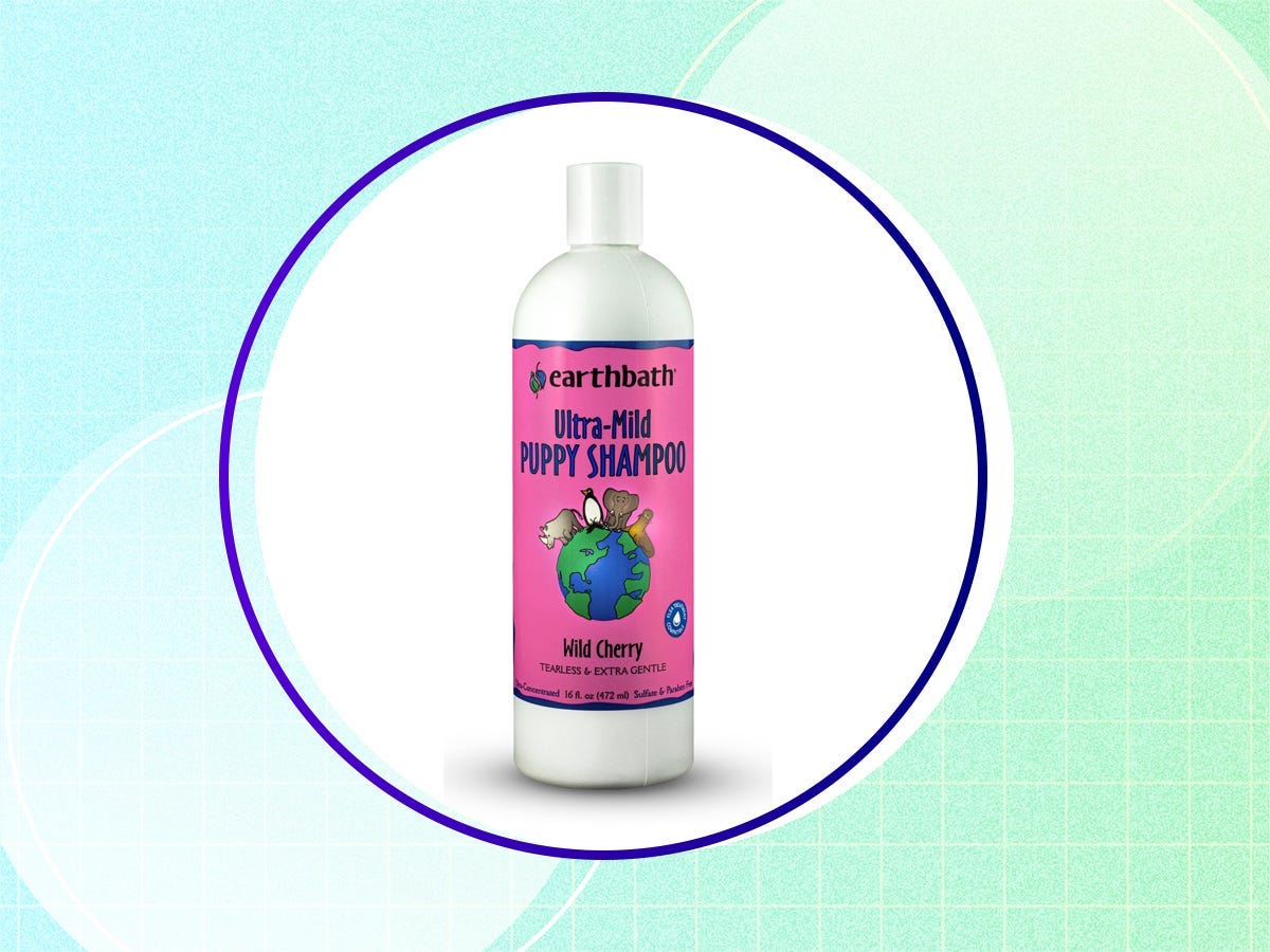 A pink bottle of Earthbath Mild Puppy Shampoo is on a green and blue background.