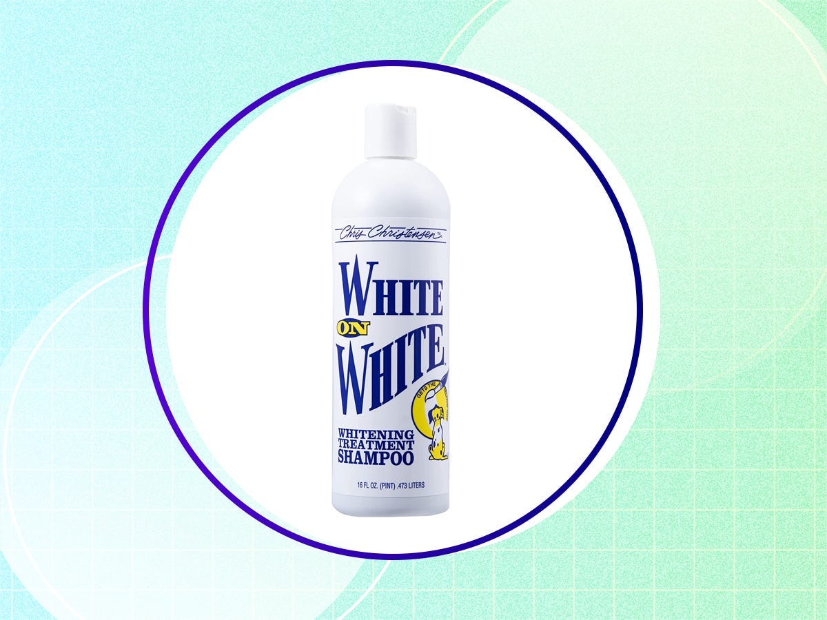 A bottle of Chris Christensen White on White Shampoo on a blue and green background.