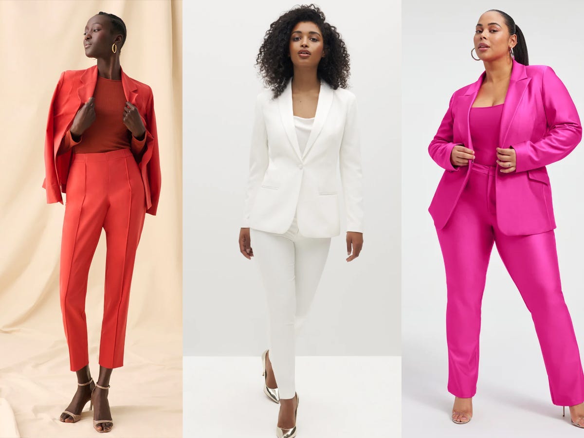 Three models wearing women’s suit separates in pink, white, and orange, from M.M. LaFleur, Suit Shop, and Good American.