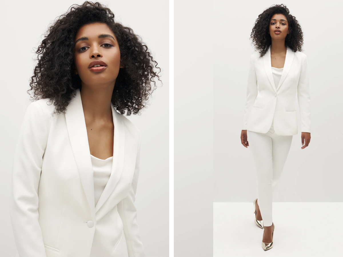 Side by side of a person wearing a white Suit Shop tuxedo. The left shows a closeup on the jacket while the right shows her wearing the full suit.