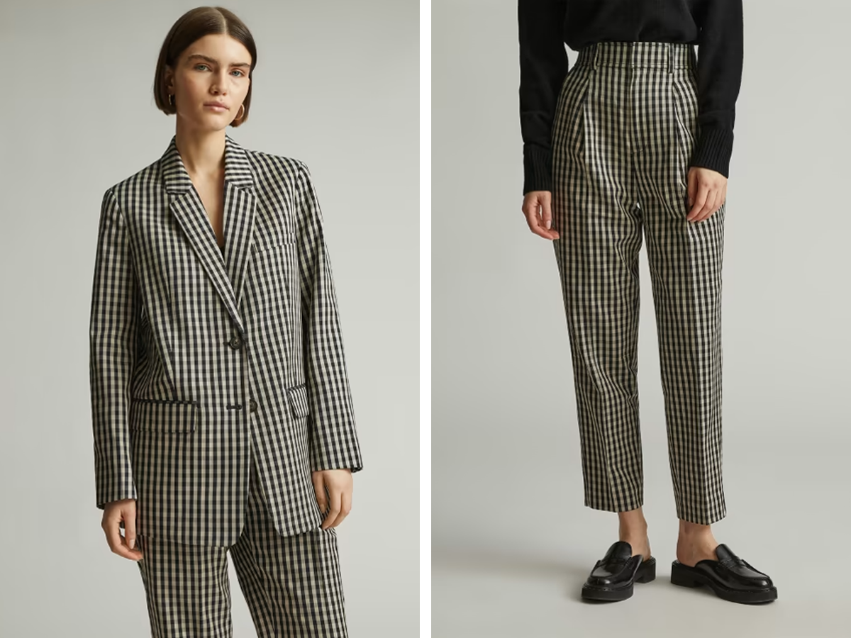 Side by side of someone in houndstooth suit from Everlane. The left shows them wearing the suit jacket while the right shows just the lower half of their body wearing the pants.