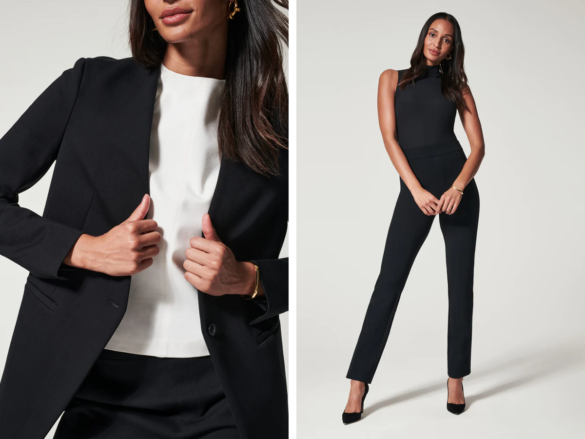 Side by side of someone wearing a black Spanx suit. The left shows a closeup of them wearing the blazer over a white shirt while the righ shows them wearing the trousers with a sleeveless black top.