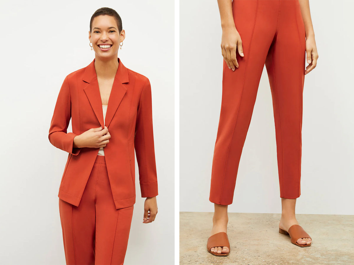 Side by side of someone wearing an orange M.M. LaFleur suit. The left shows them wearing the blazer while the right shows just the lower half of their body wearing the pants.