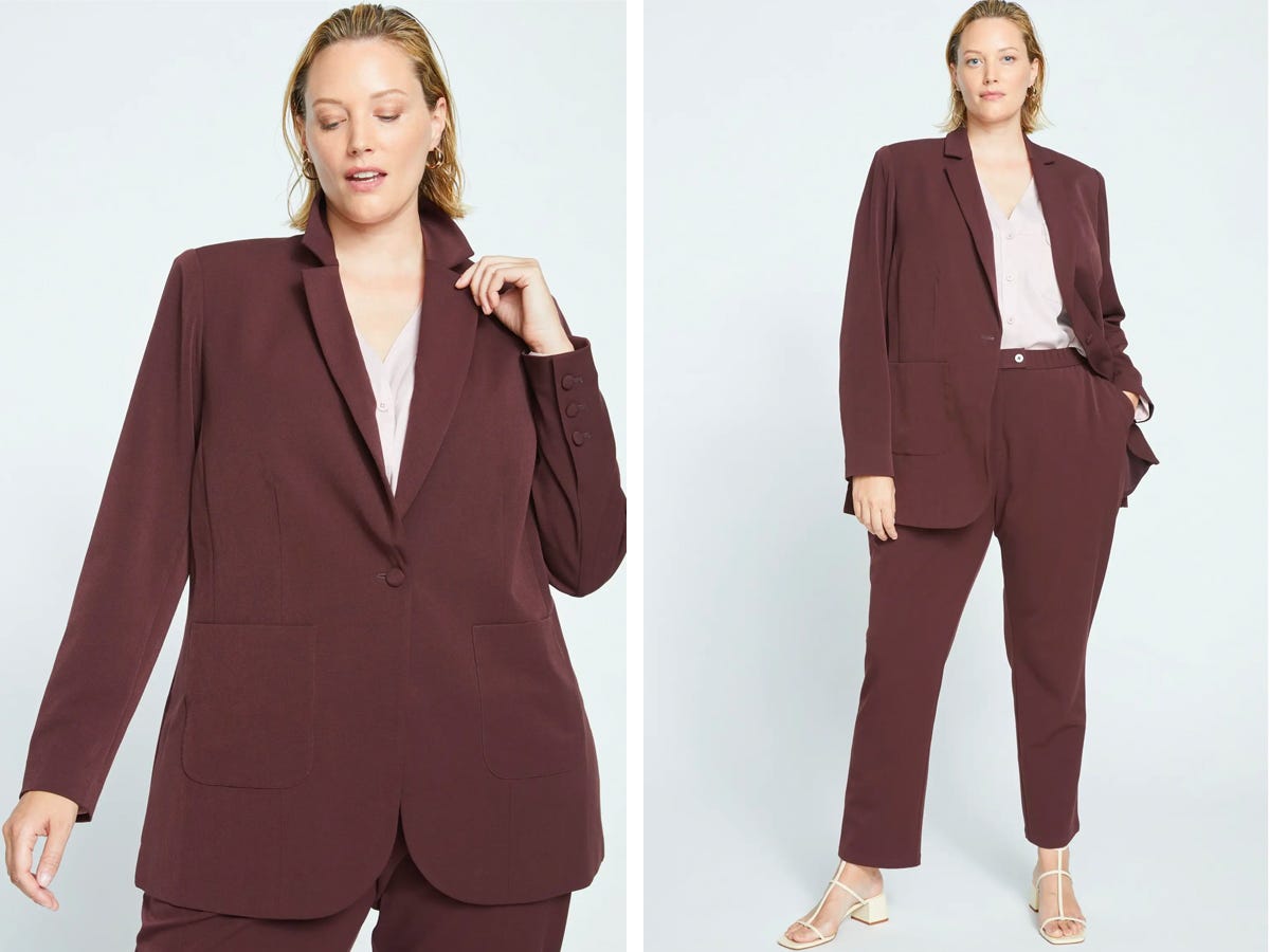 A side by side of a model wearing the All Day Blazer.