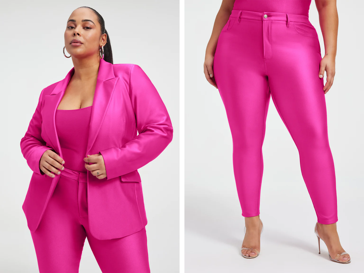 Side by side of someone wearing a shiny hot pink Good American suit. The left shows them wearing the blazer while the right shows just the lower half of their body wearing the pants.