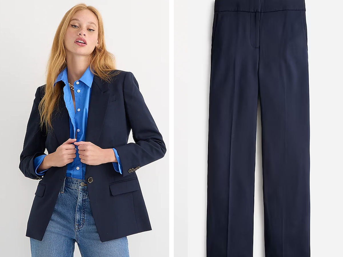 Side by side collage showing someone modeling a navy J. Crew blazer on the right and a flat lay of the matching pants on the right.