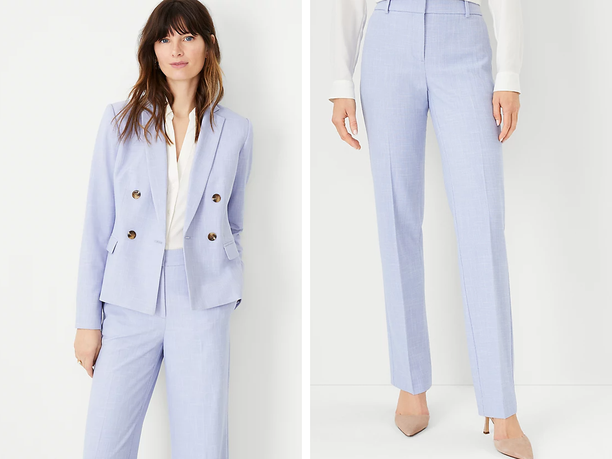 Side by side of someone wearing a light blue Ann Taylor suit. The left shows them wearing the jacket over a white blouse while the right shows just the lower half of their body wearing the matching pants.