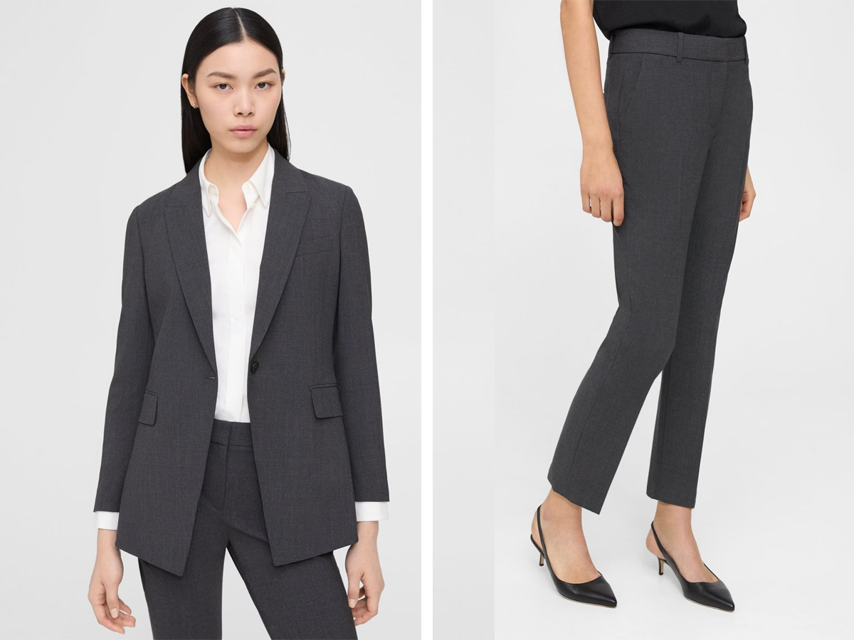 Side by side of someone wearing a grey Theory suit. The left shows them wearing the suit jacket over a white button down shirt while the right shows just the lower half of their body wearing the trousers with kitten heeled shoes.