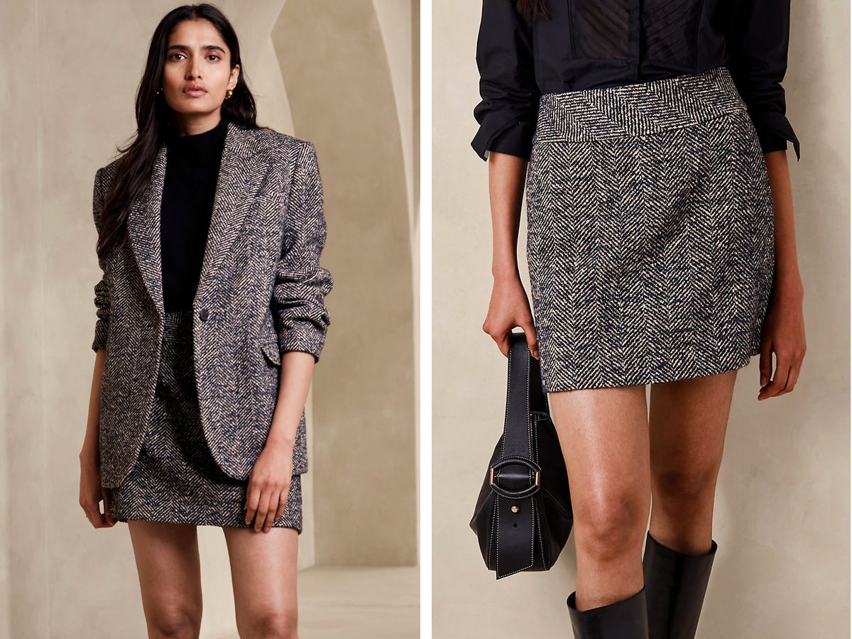 A side by side of a model wearing the Olinda Italian Herringbone Blazer and mini skirt.