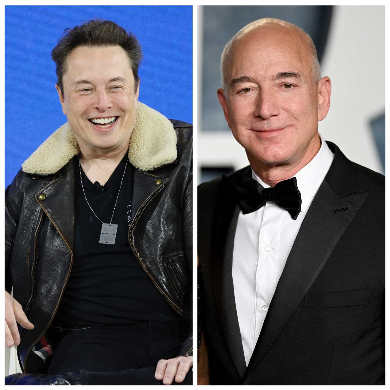 photo collage of Elon Musk (left) and Jeff Bezos (right)