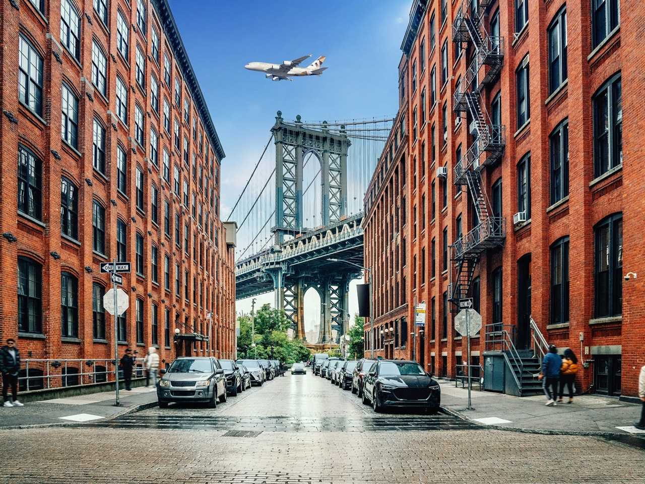 An Etihad Airways A380 flying over New York.