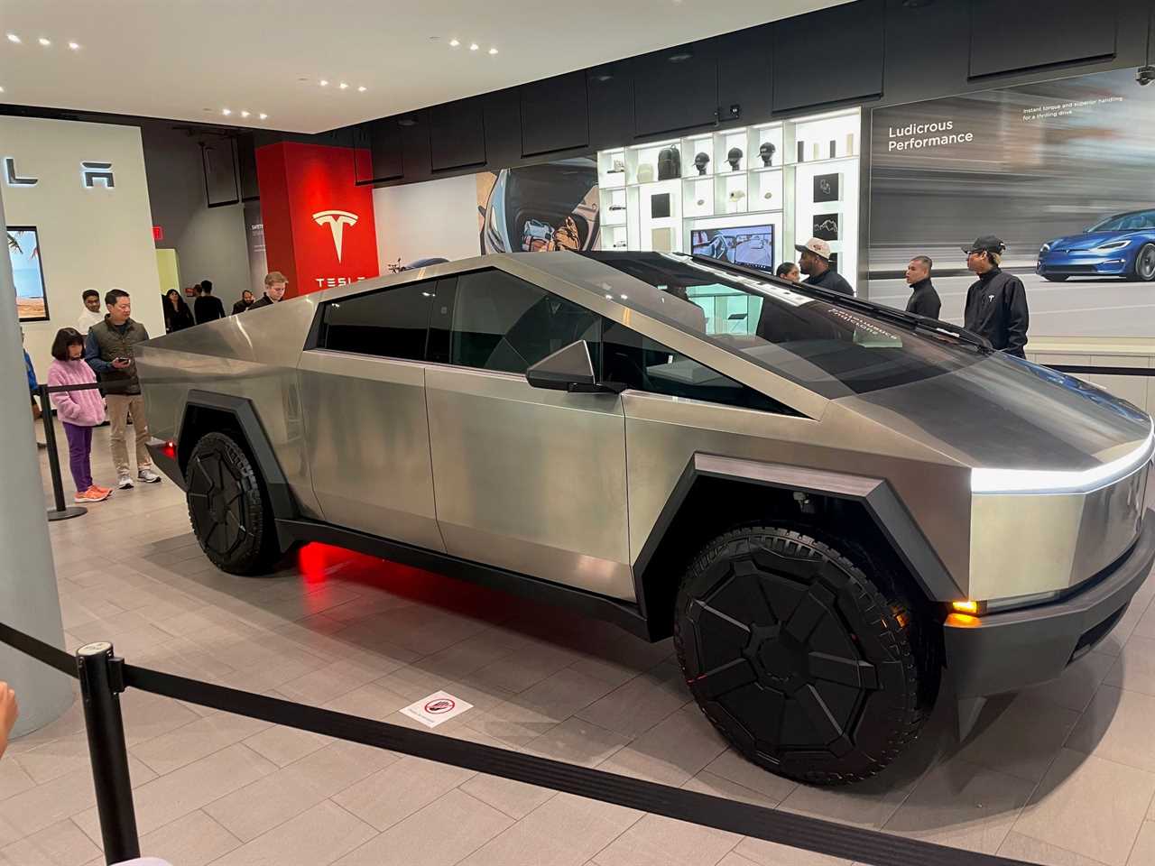 A Cybertruck cordoned off at Tesla's Santana Row showroom in San Jose, California, on December 9, 2023.