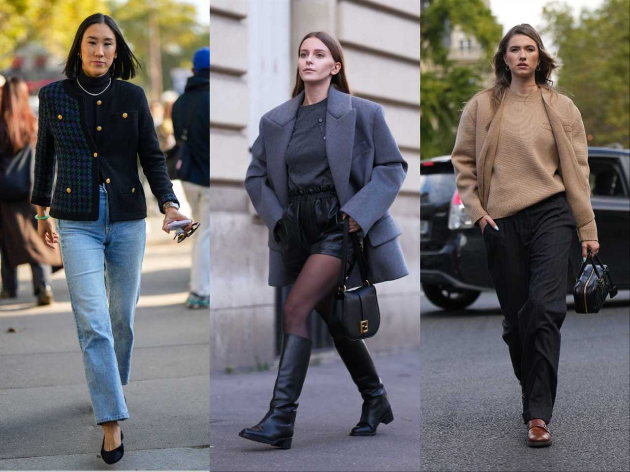 Eva Chen wearing blue jeans and a blue and green blazer with gold buttons (left), A woman walking on the street wearing a grey blazer and sweater, with leather shorts and black boots (center), A woman walking on the street in paris wearing a beige sweater and jacket, black pants and brown shoes (right)