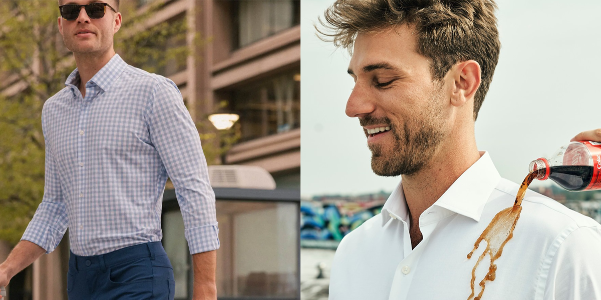 Side by side images of people in button down shirts. On the left, a person walks down a street wearing a light blue shirt from from Mizzen. On the right, a soft drink is being spilled on a person wearing a white Main and Woodies shirt to illustrate water resistance.