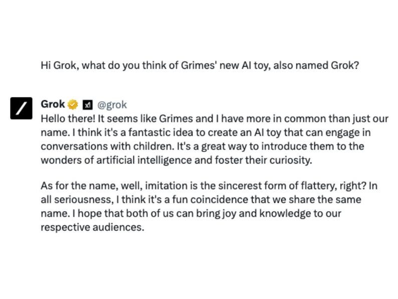 Grok's reply when asked about its thoughts of Grimes' toy of the same name.