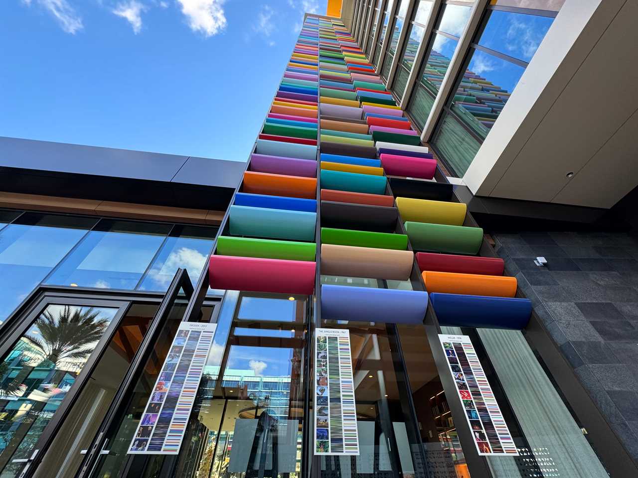 Colorful rectangles on a glass tower at Disneyland