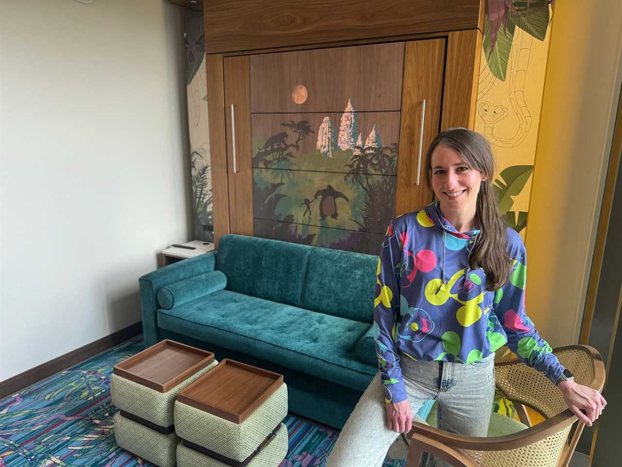 Author Brooke McDonald smiling in a Jungle Book duo studio at Disneyland Hotel