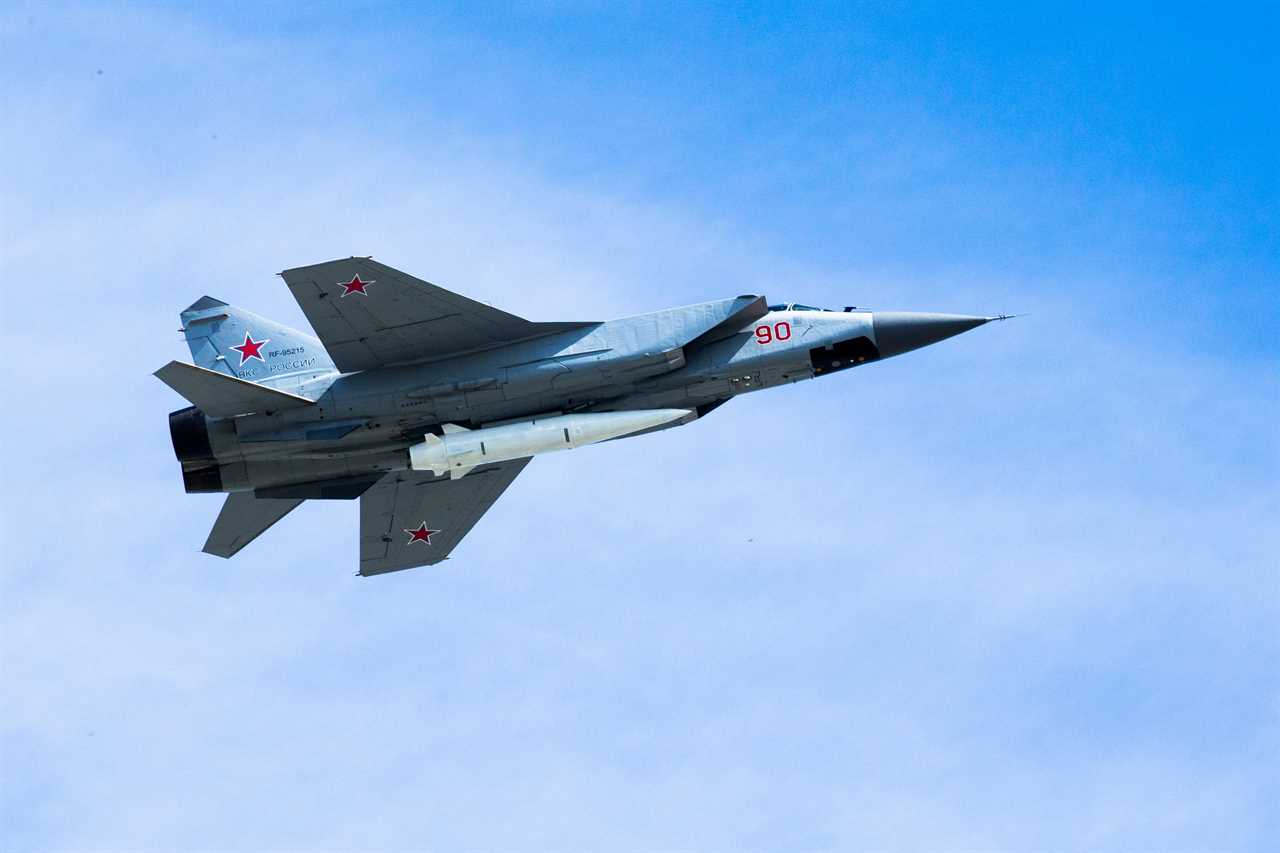 A Russian Air Force MiG-31K jet carries a high-precision hypersonic aero-ballistic missile Kh-47M2 Kinzhal during the Victory Day military parade to celebrate 73 years since the end of WWII and the defeat of Nazi Germany, in Moscow, Russia, Wednesday, May 9, 2018.