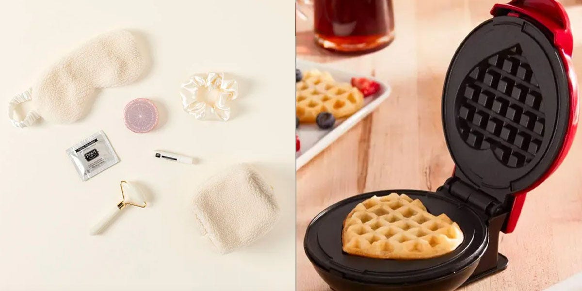 A side by side image of Uncommon Good cosmetics on the left and a Dash mini waffle maker open to show a heart-shaped waffle inside on the right.