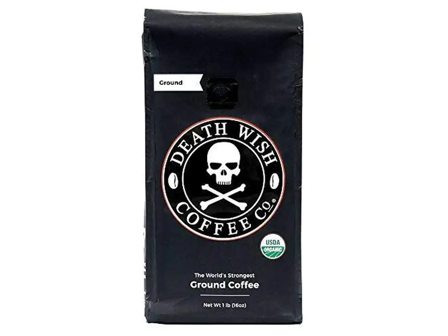 bag of the world's strongest coffee grounds, Death Wish Coffee, with a skull and crossbones logo on the bag