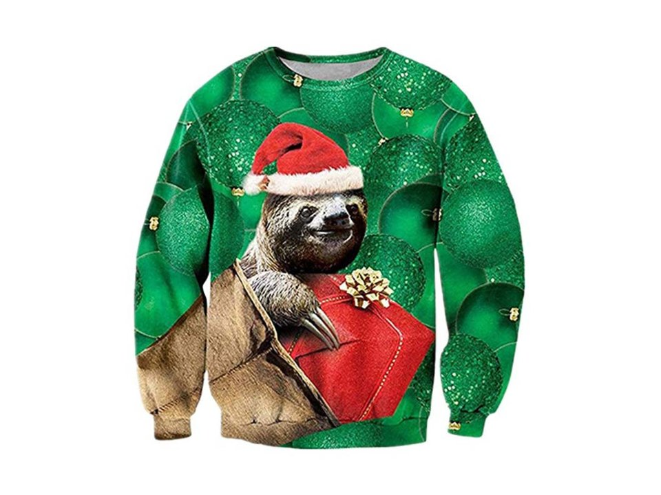 Ugly Christmas sweater with a Sloth wearing a Santa hat and holding a present printed on a background pattern of green circular ornaments.