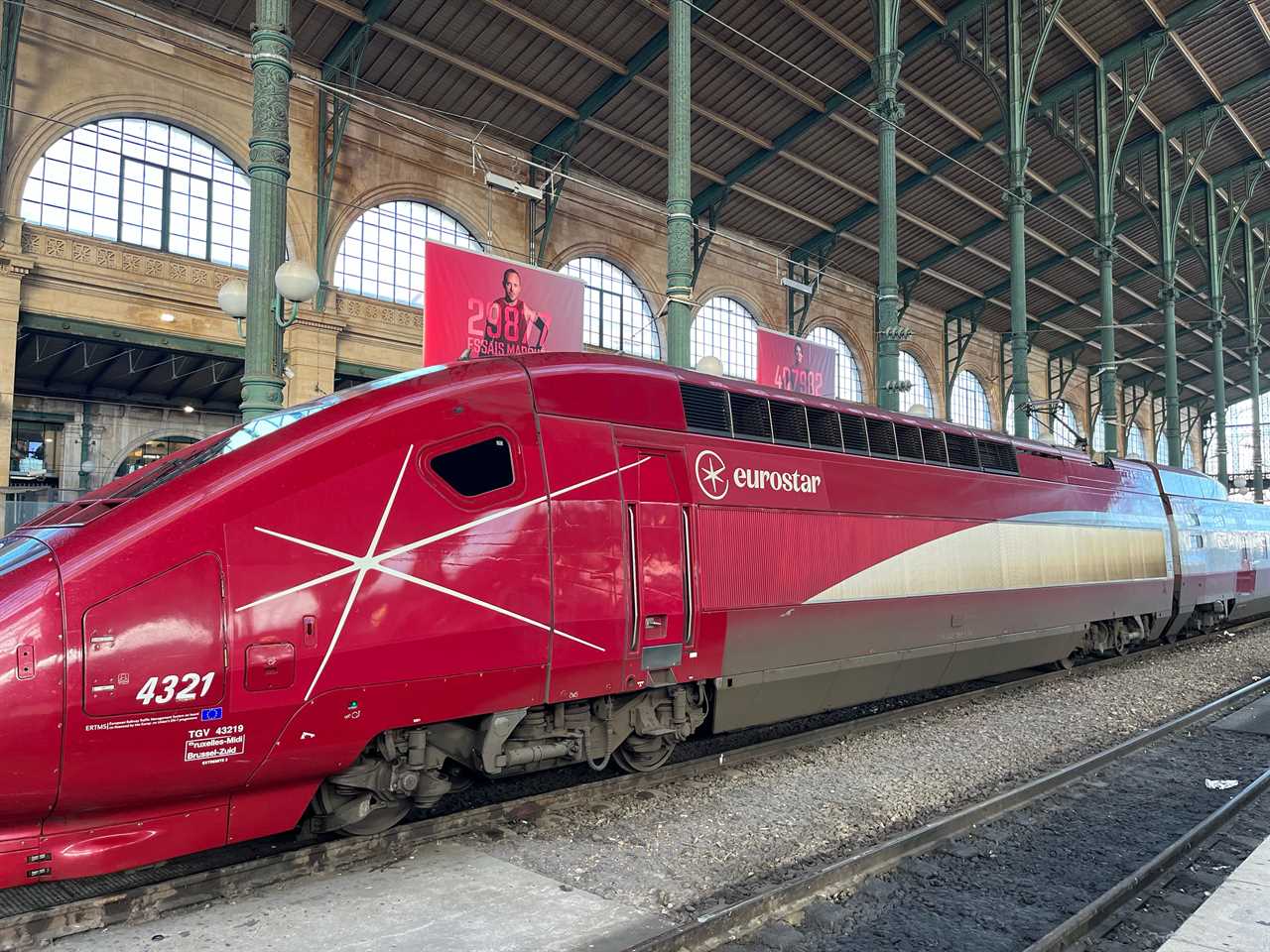 red eurostar train in gare du nord station in paris france