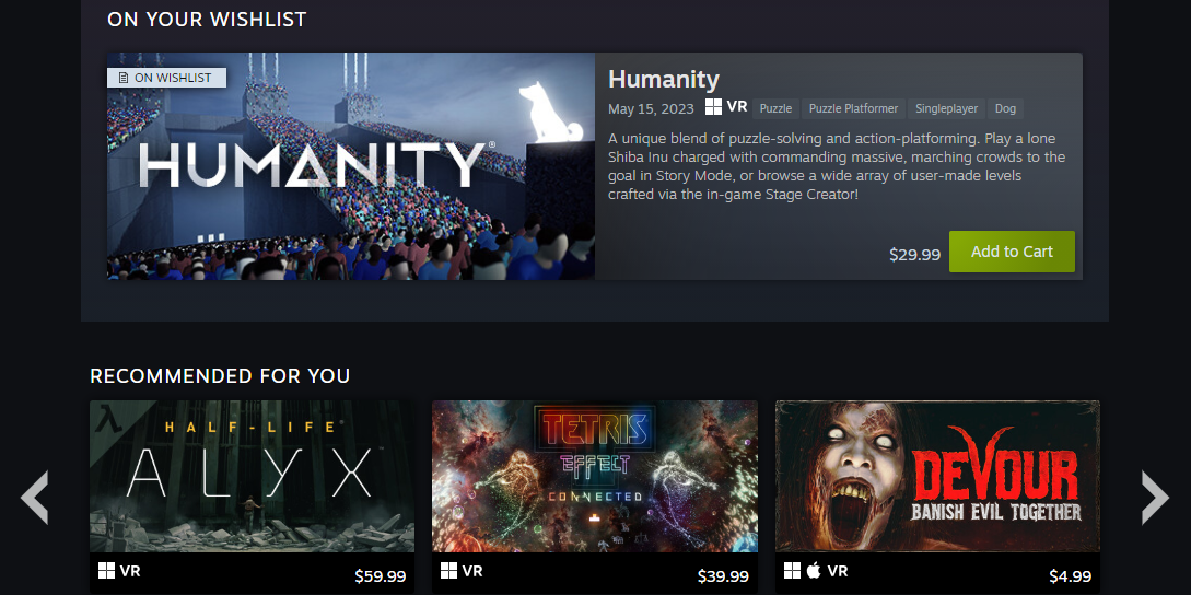 A collection of available VR games on Steam, including Humanity, Half-Life: Alyx, Tetris Effect, and Devour.