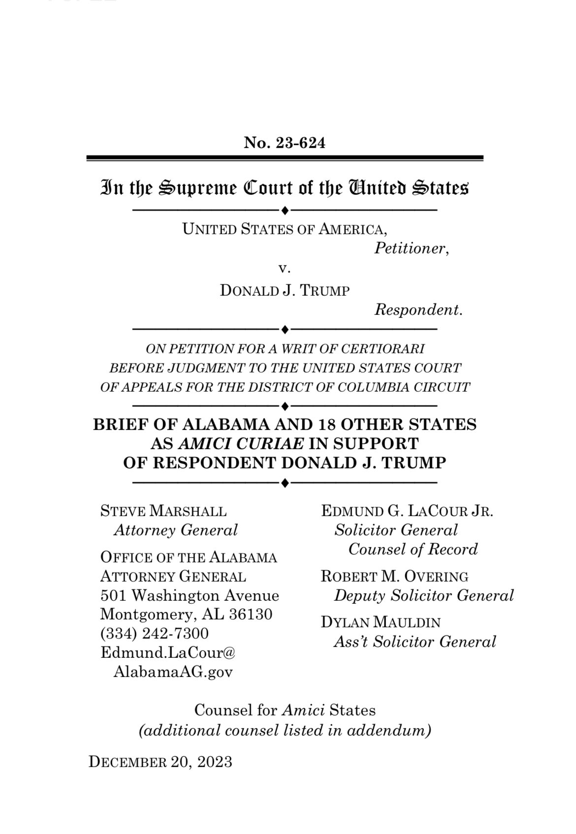 Trump Urges SCOTUS to Reject Jack Smith Request For Expedited Ruling on Immunity Argument – 18 Republican AGs including MO AG Andrew Bailey File Brief in Support of Trump