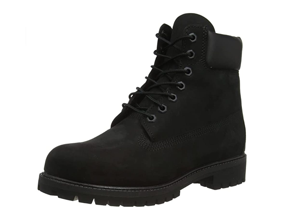 A black Timberland Premium 6-inch Waterproof Boot.