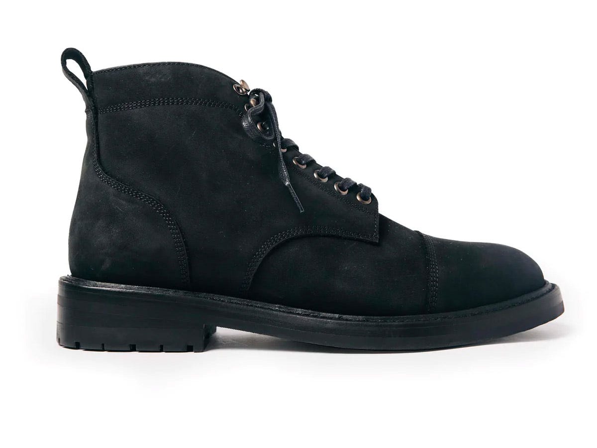 The Taylor Stitch Moto Boots in Black Weatherproof Nubuck.