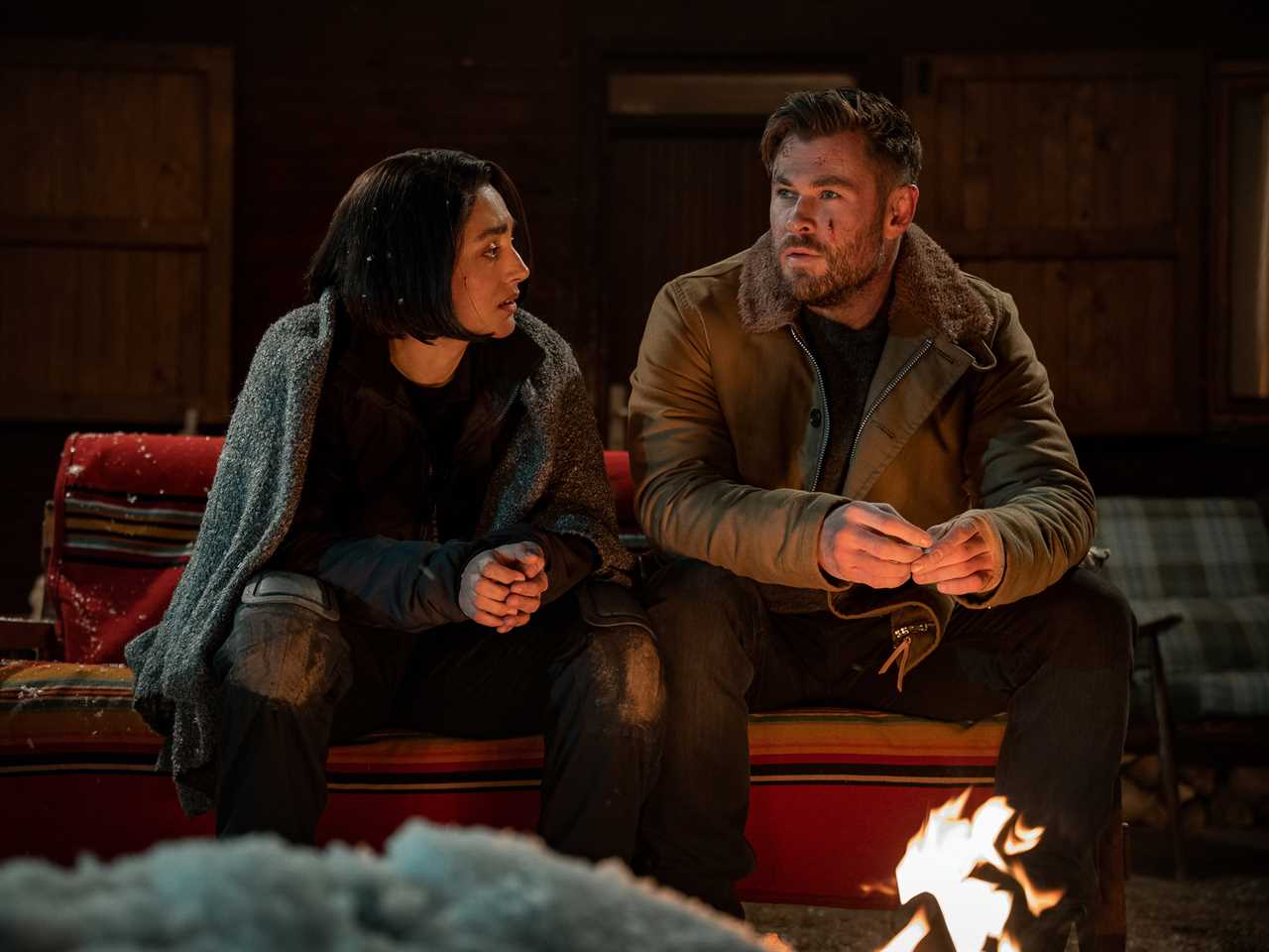 screenshot of Golshifteh Farahani and Chris Hemsworth in a scene from Extraction 2