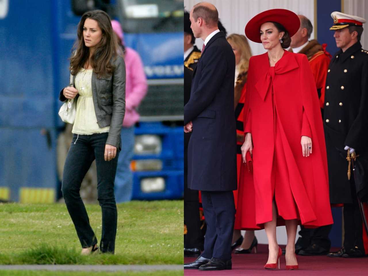 Kate Middleton in 2009 (left) Kate Middleton in 2023 wearing a red cape and hat.