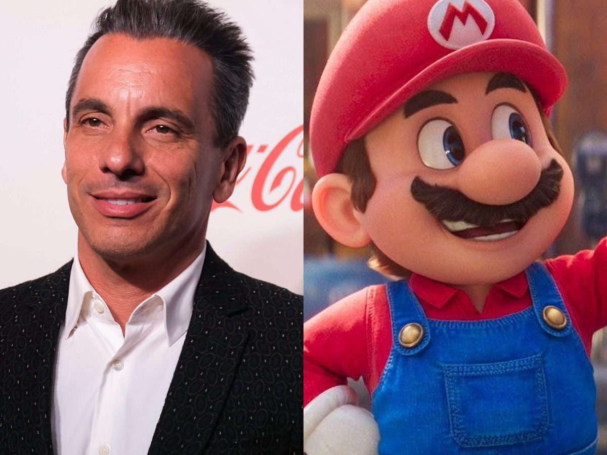 Sebastian Maniscalco posing on a red carpet and a screengrab of mario from the super Mario bros movie