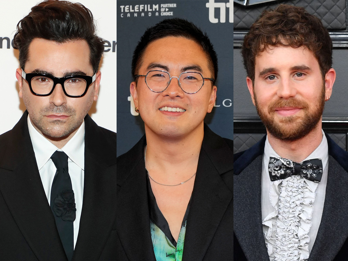 separate photos of dan levy, bowen yang, and ben platt posing on red carpets