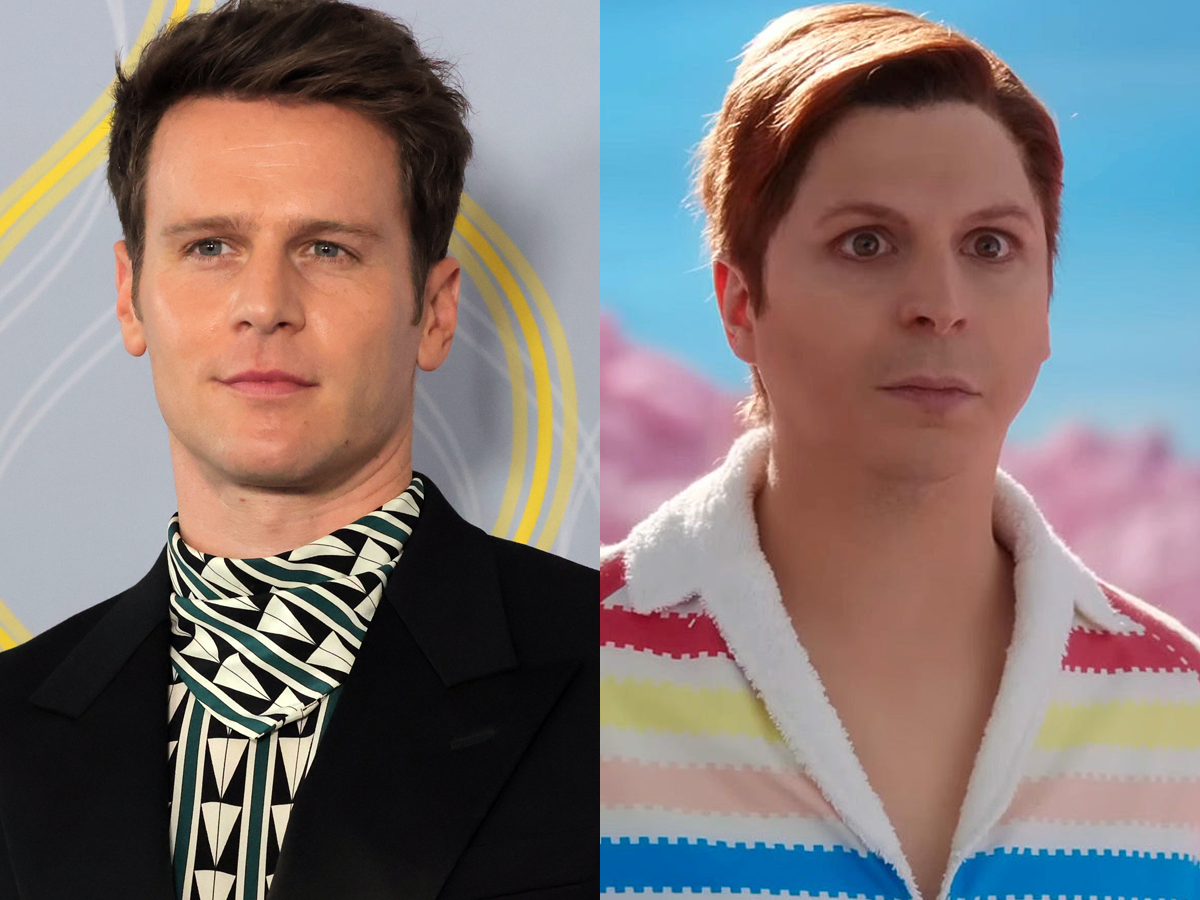 jonathan groff posing on a red carpet and Michael cera playing alan in the barbie movie