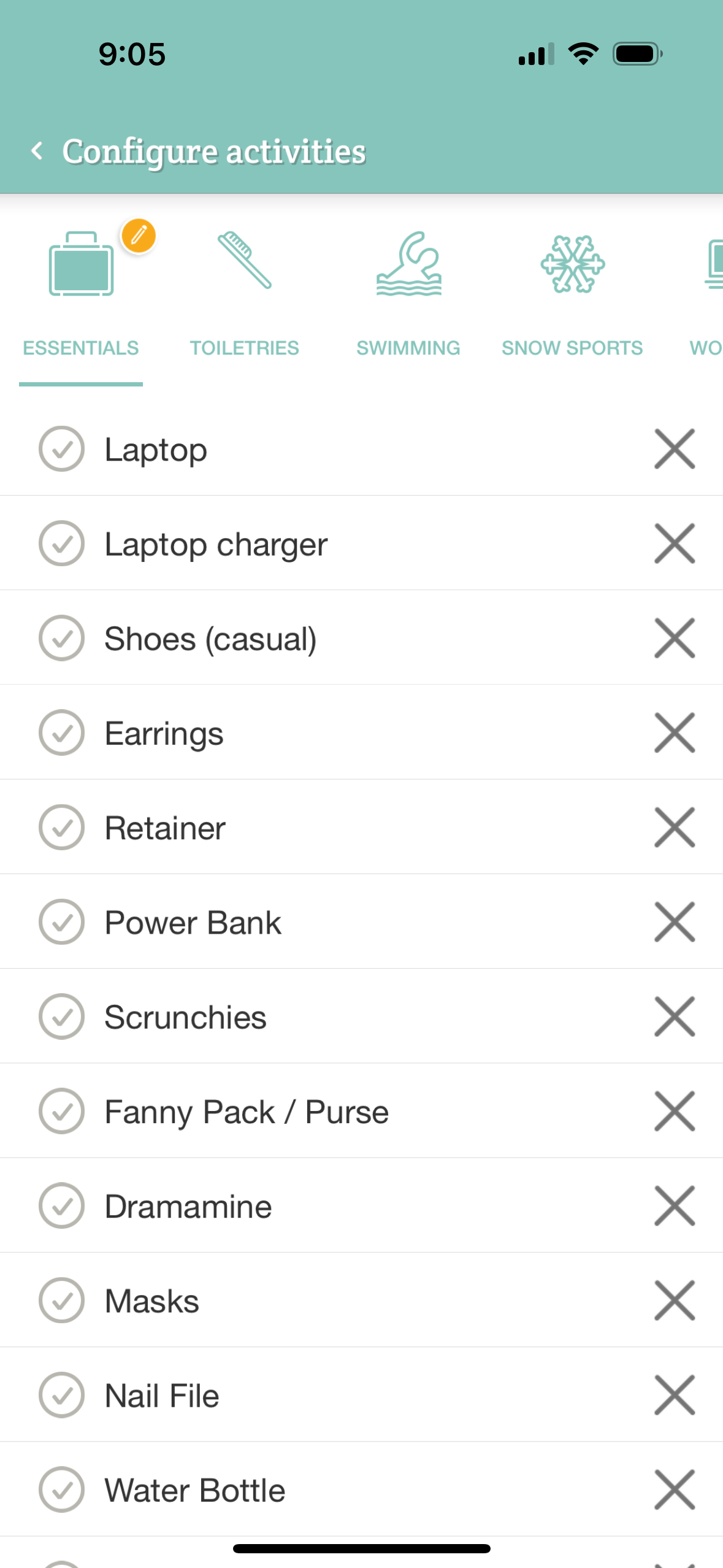 phone screenshot of a packing list on a white and green app