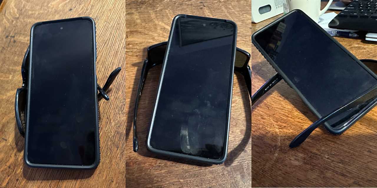 three snapshots of a black smartphone laying on a pair of black sunglasses in different configurations on a wooden surface