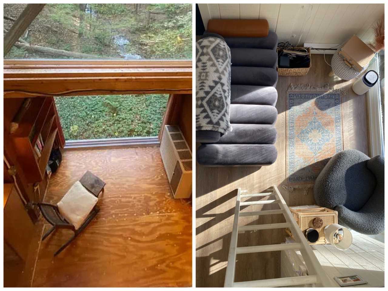 Left, wooden floor boards with one rocking chair. Right, sofas and carpets.