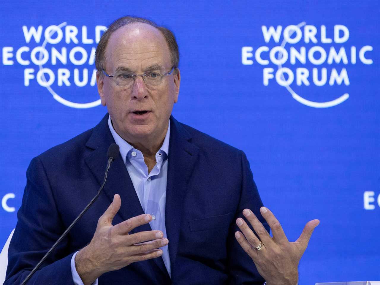 BlackRock CEO Larry Fink gestures during a panel discussion in January 2023. He is in front of a blue background.
