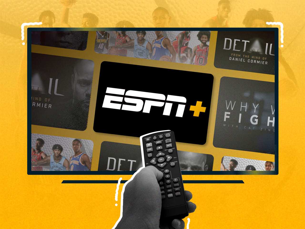 A TV displaying the ESPN+ logo with a person's hand pointing a remote at it.