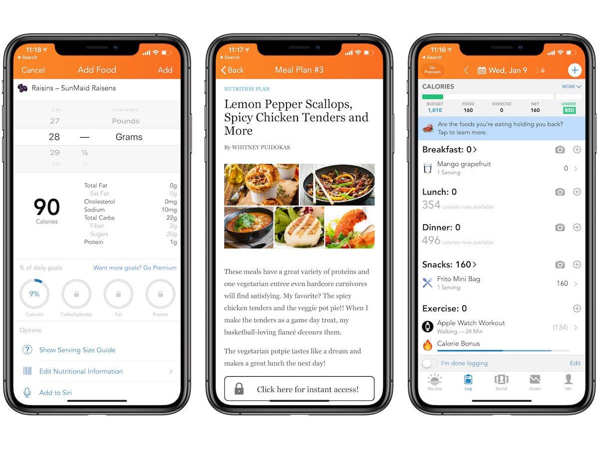 Screenshots of food data from the Lose It app.