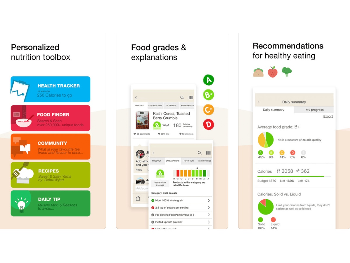 Screenshots of food data from the Fooducate app.