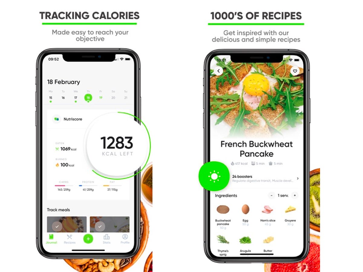 Two smartphones with dietary data displayed from the Nutrition Coach app.