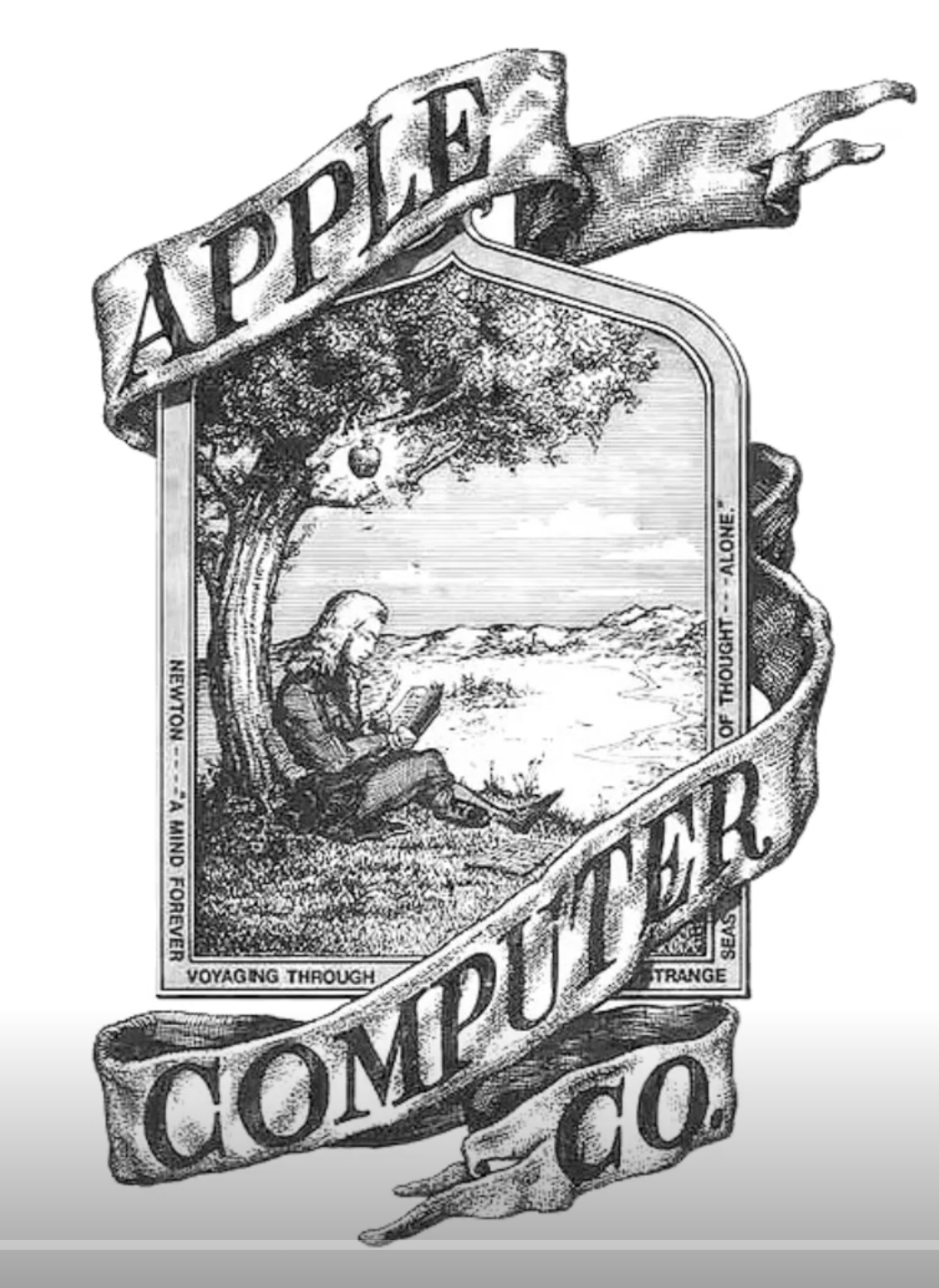 A black and white illustration of Apple's original logo, which depicted Sir Isaac Newton reading underneath an apple tree with a ribbon that said "Apple Computer Co." wrapped around it