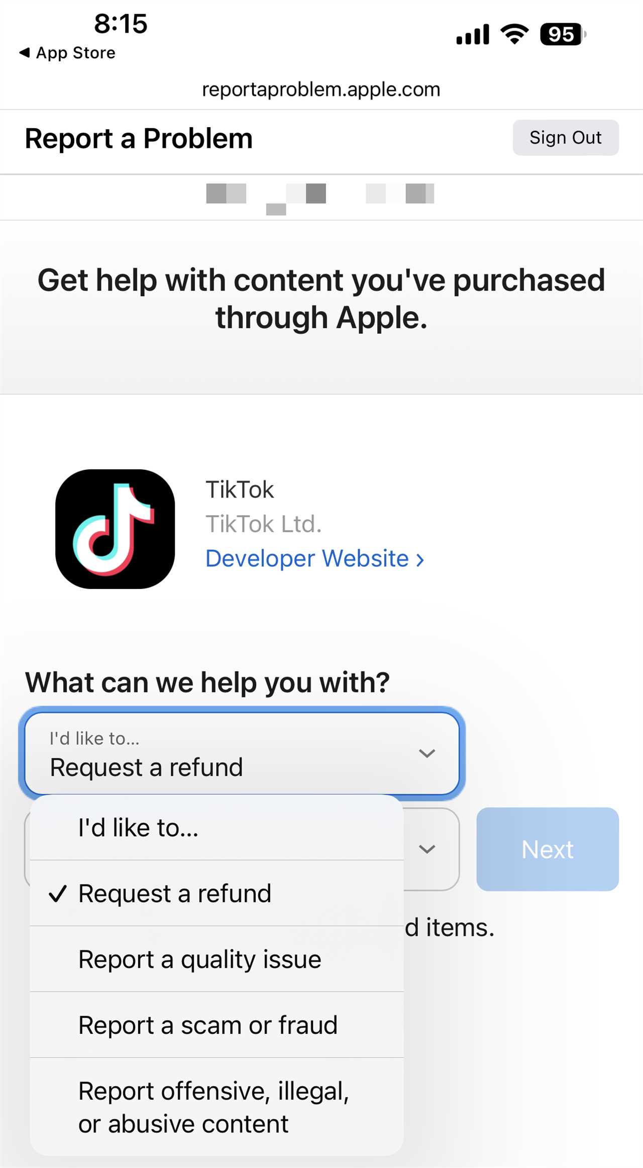 Screenshot showing the questions to request a refund from Apple via the App Store on an iPhone.