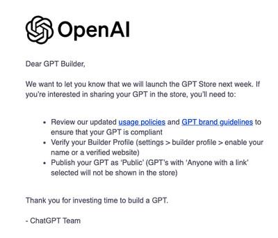 Email from OpenAI on GPT Store